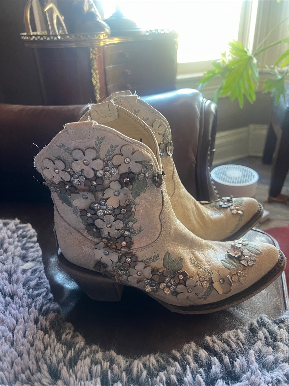Corral Ivory Floral Embellished Western Ankle Boots